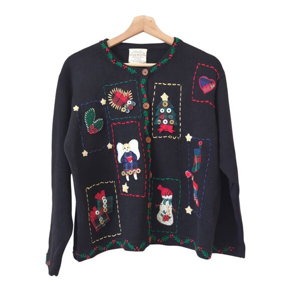 VTG Susan Bristol Angel Tree Country Kitsch Cardigan Ugly Christmas Sweater L - Picture 4 of 7